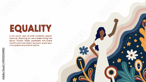 Confident woman with raised arm standing in colorful floral background symbolizing empowerment and equality