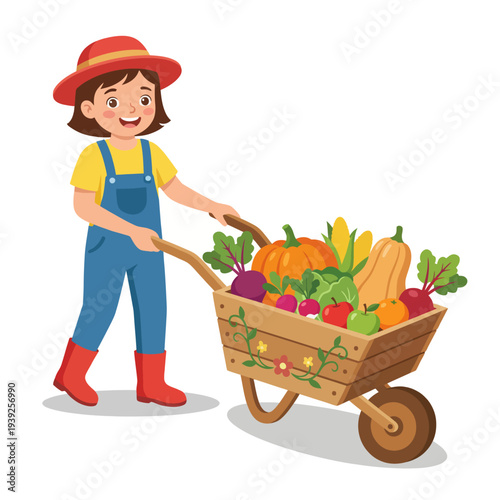 A joyful illustration of a young child happily pushing a wheelbarrow filled with vibrant vegetables, embodying childhood joy, farm life, and the beauty of nature's bounty.