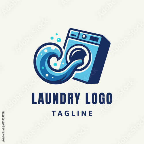 This playful logo design includes a washing machine and water element, emphasizing cleanliness and efficiency, perfect for laundry services or detergent brands.