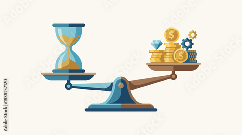This illustration depicts a scale balancing an hourglass and wealth symbols, conveying the importance of time management and resource allocation in life and business.