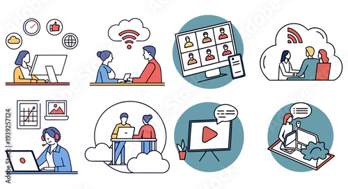 A comprehensive set of vector business icons and cartoon character illustrations featuring a diverse team of professional businessmen, doctors, and athletic children designed as web symbols