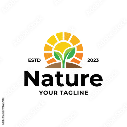 A striking logo design featuring a sun rising behind a growing plant, showcasing themes of growth, nature, and sustainability, perfect for eco-friendly brands and ventures.
