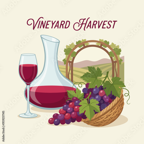 This beautiful illustration depicts a vineyard harvest scene featuring a decanter of red wine, a glass, and freshly picked grapes in a basket against a scenic background.
