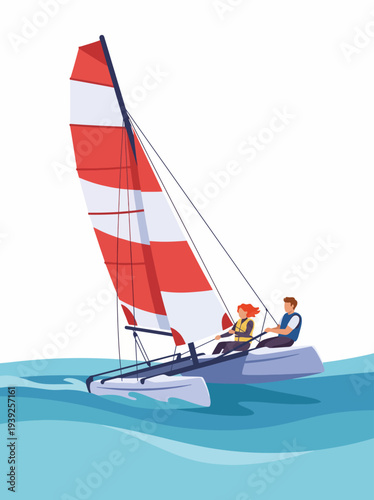 A vibrant catamaran with red sails carrying two individuals gliding over the waves, symbolizing adventure, freedom, and the joy of sailing on sunny days by the ocean.