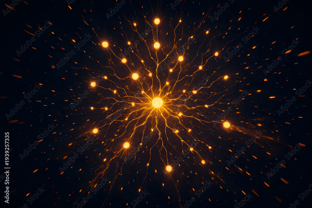 Obraz premium Abstract representation of a neural network or starburst with glowing yellow nodes and radiating lines on a dark background