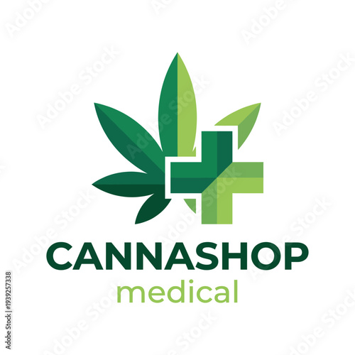 This image depicts a modern Cannashop medical logo featuring green leaves and a health cross, symbolizing wellness and natural healing associated with cannabis.