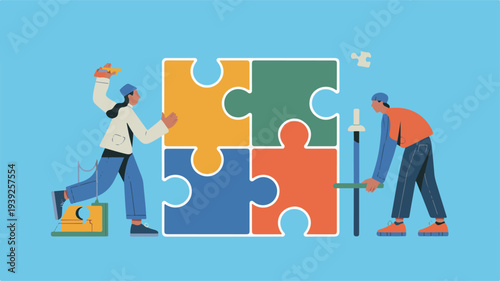 People collaborating to assemble puzzle pieces in a creative workspace environment from a straightforward viewpoint