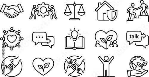 A set of various eco friendly and social responsibility icons in a line style