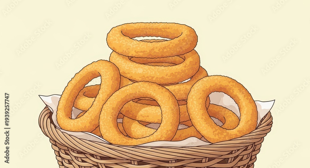 Fototapeta premium Stack of golden brown fried battered rings fills a woven serving container