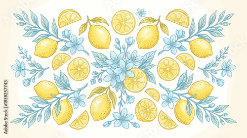 Vibrant yellow lemons and leaves arrangement on light beige background with citrus fruits