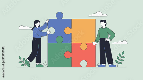 Collaborative problem solving concept with puzzle pieces being assembled by two individuals standing together