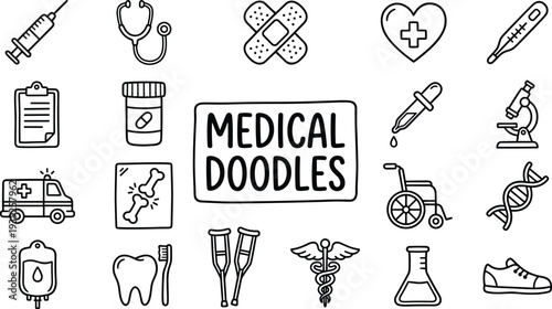 A collection of medical doodles and icons on a with various health symbols