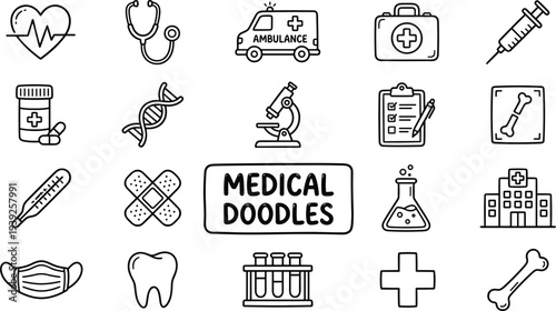 Medical doodles icons set including ambulance, stethoscope, syringe, and hospital building