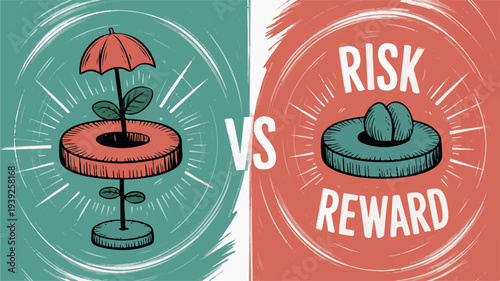 Risk vs Reward concept illustration featuring a seedling on a scale against a hat on another scale