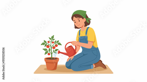 An illustration of a woman wearing a headscarf, kneeling to water a young tomato plant, symbolizing nurturing and the joys of gardening for sustainable living.