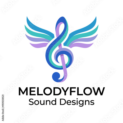 An artistic representation of a treble clef with wings symbolizes creativity and musical flow, ideal for a sound design company or music-related branding.