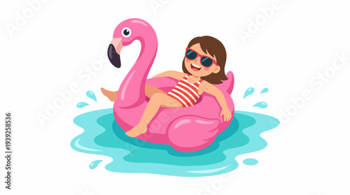 A joyful child wearing sunglasses is seen floating on a pink flamingo raft, capturing the essence of summer fun, happiness, and carefree moments at the pool or beach.
