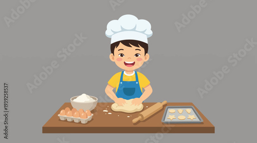A cheerful child in a chef's hat is actively baking cookies in a kitchen, showcasing the joy and enthusiasm of cooking and creating delicious treats.