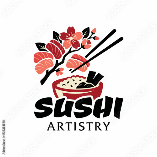 This logo depicts a bowl of sushi with chopsticks and floral accents, celebrating the artistry and culture of sushi-making, suitable for a culinary brand or restaurant.