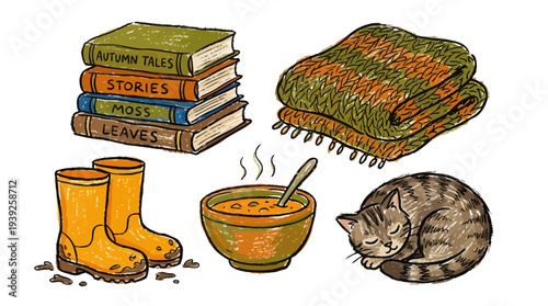 A cozy autumn scene featuring a cat, books, boots, soup, and a blanket