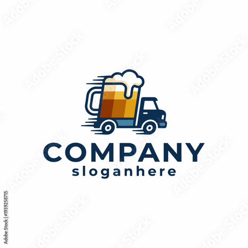 A fun and vibrant logo illustration of a beer delivery truck carrying a frothy beer mug, perfect for breweries or beverage companies aiming to convey excitement and refreshment.