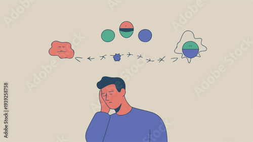 A man experiencing loneliness in a startup environment, struggling with thoughts and emotions depicted through abstract illustrations