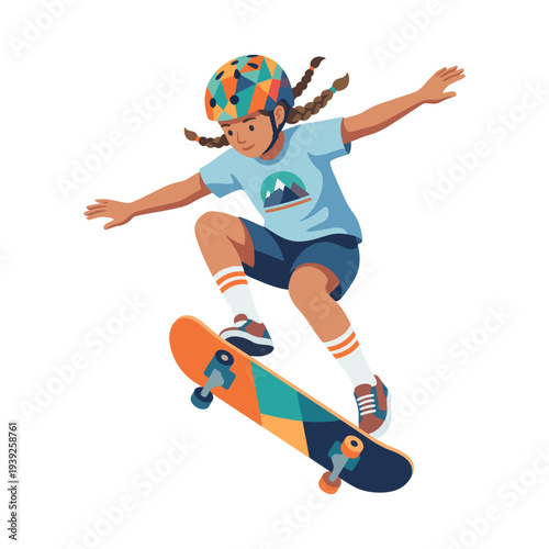 This vibrant illustration captures a young girl performing a skateboard trick mid-air, showcasing her energetic spirit and love for skateboarding amidst colorful graphics.