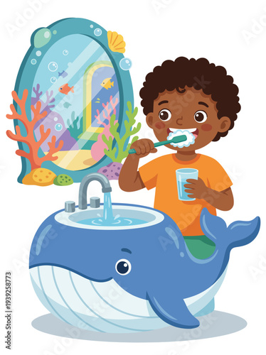 A joyful scene of a child brushing teeth at a whale-themed sink, emphasizing the fun and importance of oral hygiene in a playful and engaging manner.
