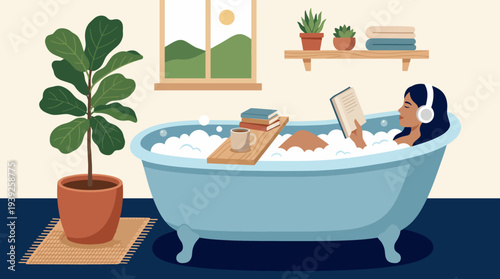 A serene illustration of a person enjoying a bath while reading, representing relaxation, self-care, and tranquility in a cozy home environment.