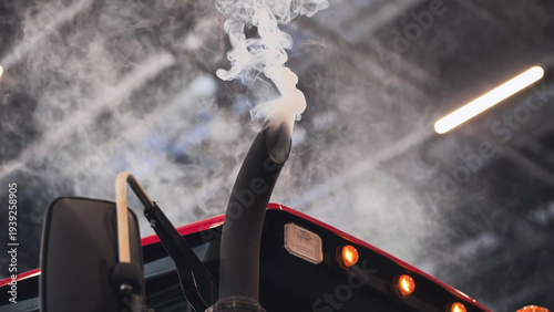 Billede på lærred Truck exhaust pipe emitting smoke, symbolizing air pollution and climate change