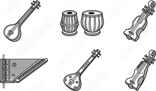 A set of traditional musical instruments including banjos, violins, a triangle, and drums