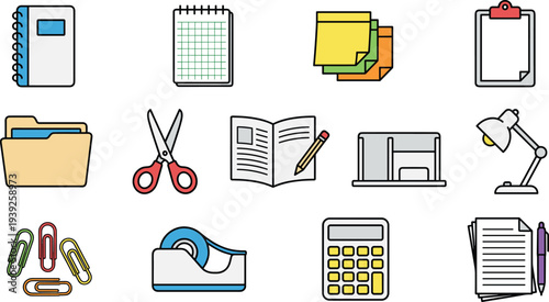 A collection of office supplies and stationery icons on a with various items