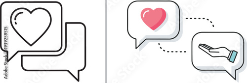 A minimalist vector icon set featuring handshakes integrated with heart shapes. These clean line designs in various colors symbolize trust, partnership, unity, and collaborative care.