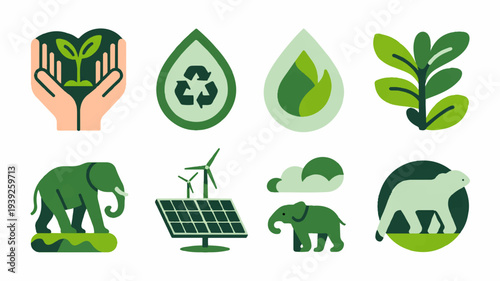 Eco friendly icons collection including green energy recycling and nature conservation symbols with a focus on sustainability and environmental protection