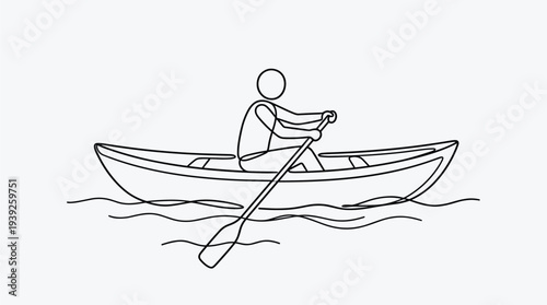 A person rowing a boat with an oar on calm water in a simple line drawing style