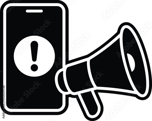 Black and white illustration of a smartphone with an exclamation mark and a megaphone