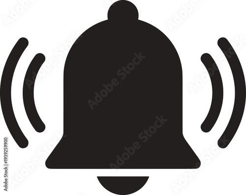 Black bell icon with sound waves for notifications and alerts