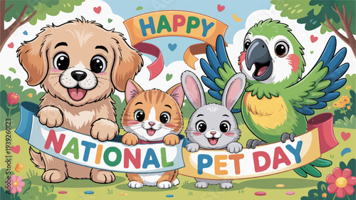 Cheerful cartoon animals celebrate national pet day in a colorful garden with a dog cat rabbit and parrot holding a banner surrounded by flowers and trees under a sunny sky