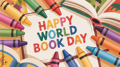 Vibrant illustration celebrating world book day with colorful crayons and books