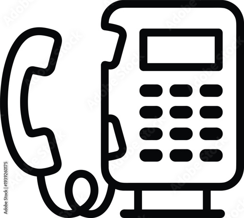 Black line drawing of a corded telephone on a with a keypad