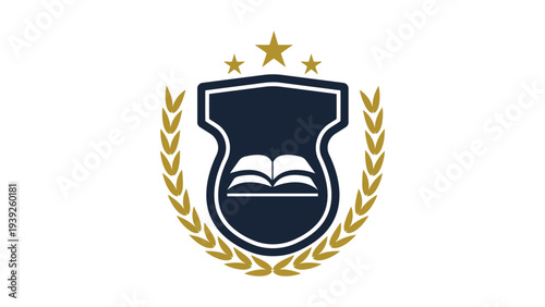 Educational emblem featuring an open book surrounded by laurels and stars