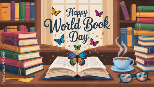 Vibrant illustration of a cozy library with 'happy world book day' message books butterflies and steaming coffee cup on a wooden desk