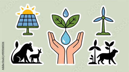 Eco friendly nature stickers with solar panel green plant wind turbine and animals on light green background