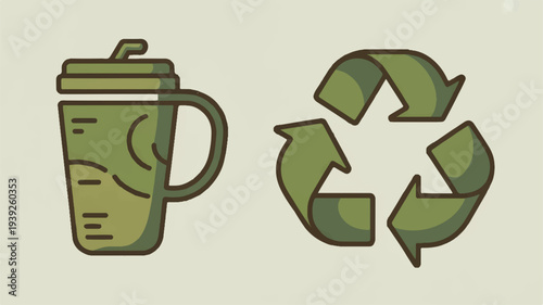 Eco friendly reusable cup with recycling symbol on green background for sustainability and environmentally friendly practices