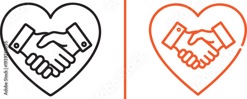 A collection of minimalist line art vector icons featuring handshakes enclosed within heart shapes, representing trust, professional cooperation, and mutual respect in various colors.