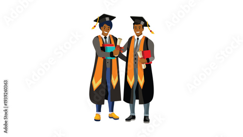 Two graduates standing proudly in their academic regalia during a ceremony