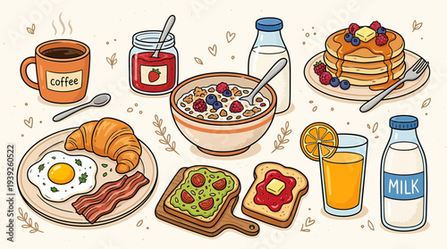 A colorful vector illustration of a delicious breakfast spread with various food items and drinks