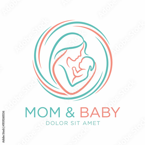 An elegant line art logo depicting a loving moment between a mother and her baby, representing the bond of motherhood, care, and affection in a minimalistic style.
