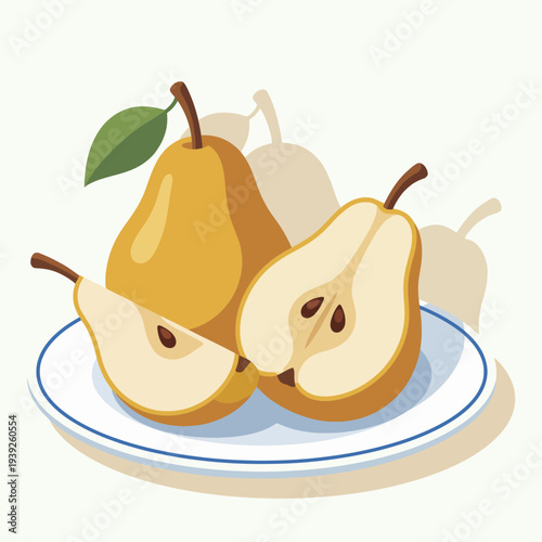 A delightful illustration featuring ripe, juicy pears on a white plate, emphasizing freshness, health, and nature's bounty in a deceptively simple and appealing artistic style.