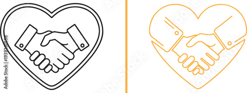 A collection of minimalist vector icons featuring handshakes integrated with heart shapes in various colors. These designs symbolize partnership, trust, and collaborative care through clean lines.